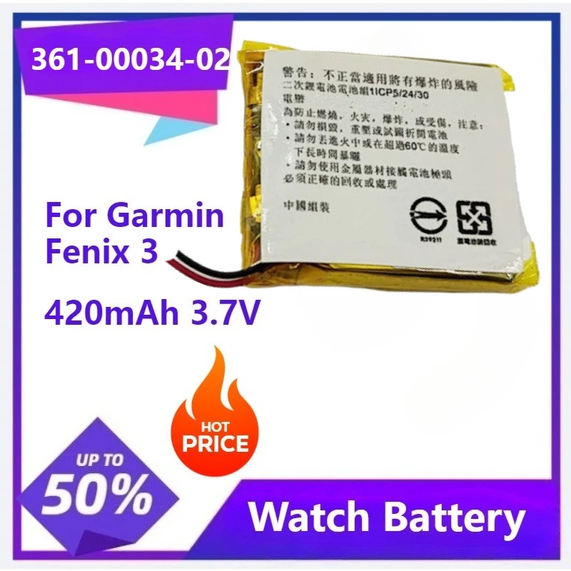 

361-00034-02 Replacement Watch New Battery For Garmin Fenix 3 Fenix3 F3 HR GPS Sports Watch 420mAh 3.7V
