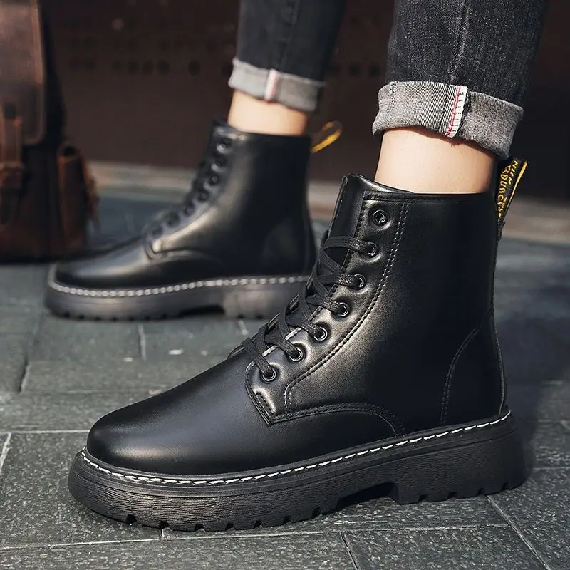 

Black Leather Waterproof Platform Boots for Men Winter Warm with Fur Lace Up Booties Vintage Classic Trendy 2025 Man Shoes Sale