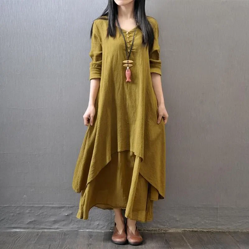 Pure Cotton Harajuku Chinese Style Dress Women New Korean Large Size Fashion V-neck Simple but Elegant Solid Color Long Dress