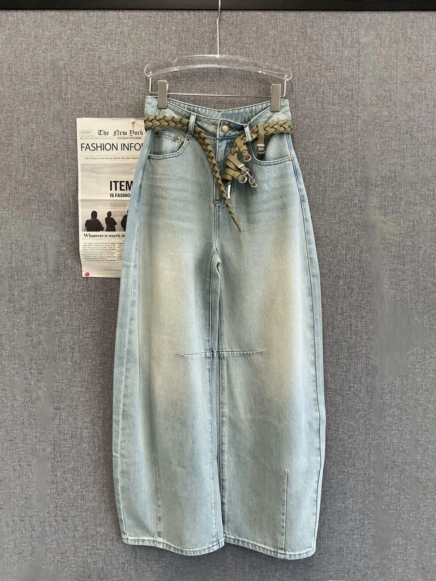

High Waist Wide Leg Denim Jeans Women's Summer New Design Washed Belt Casual Style Blue Color Adult Commute All Seasons