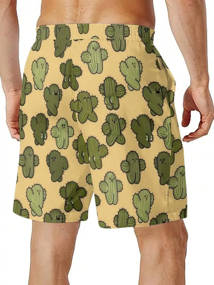 

Mens Yellow Casual Shorts With Fun Cactus Pattern And Elastic Waistband