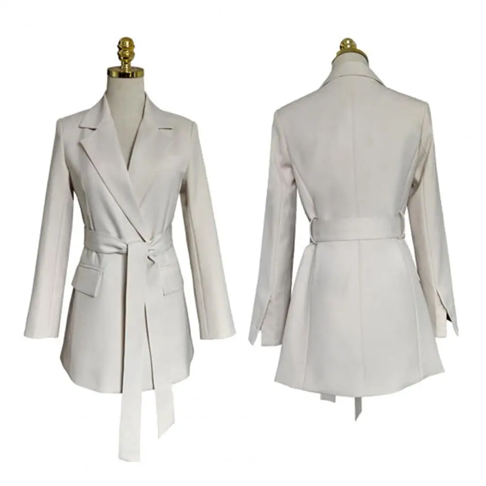 Women Suit Coat Strap Waist Jacket Lace-up with Flap Pockets for Business Outwear Spring Autumn Lapel Coat