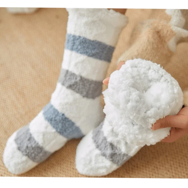 Plush Floor Socks Women Winter Warm Soft Coral Fleece Female Striped Comfy Bedroom Silicone Non Slip Thermal Slippers Sock Fuzzy