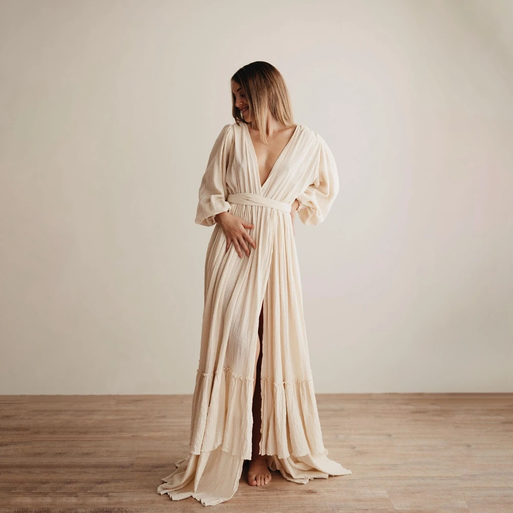 Maternity Photography Props Boho Deep V Neck Pregnancy Photoshoot Dress Lantern Sleeve Tiered Split Gown Women Clothes