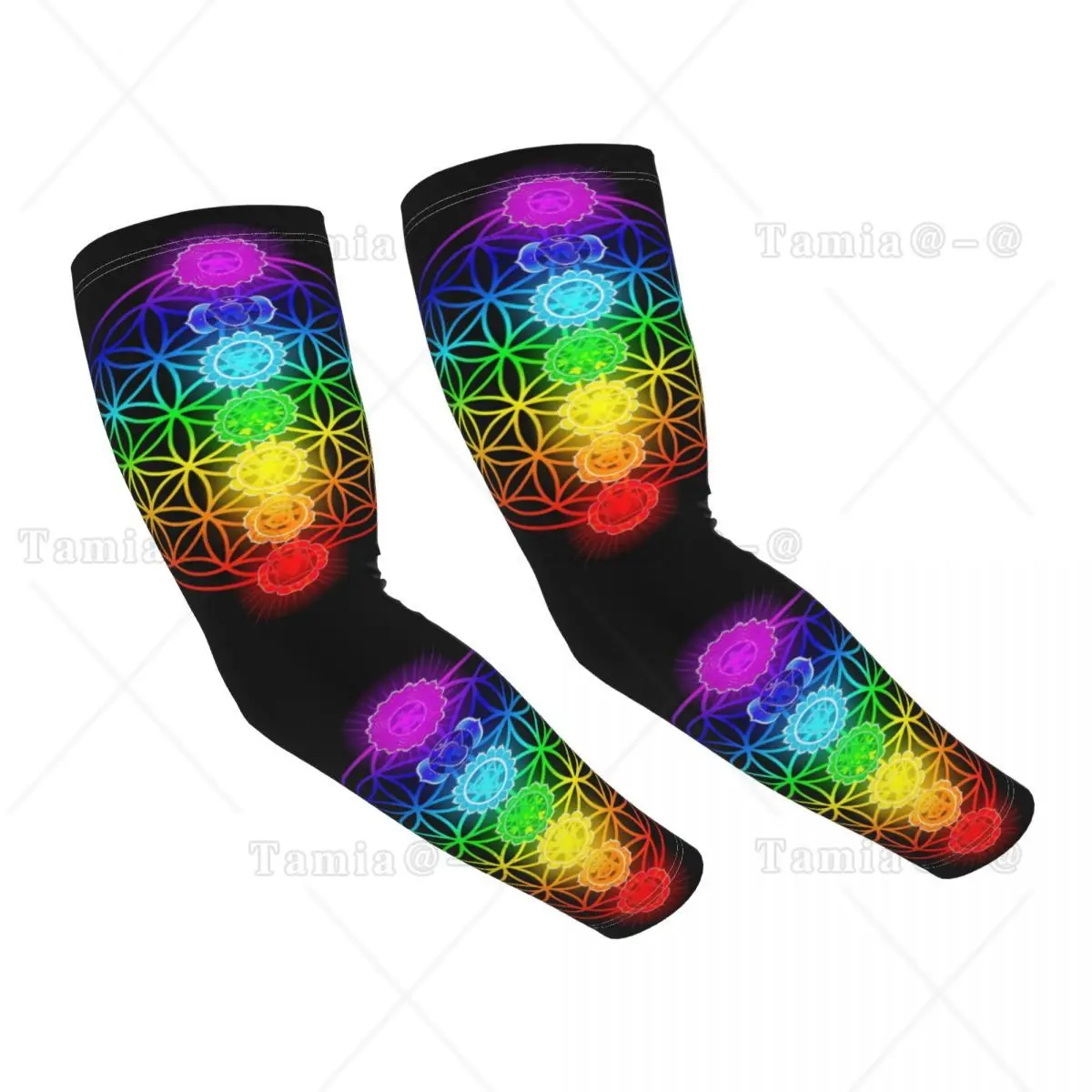 Custom Chakra Zen Theme Sports Compression Arm Sleeves Warmer Women Colorful Flower Of Life Sun UV Protection Tattoo Cover Up