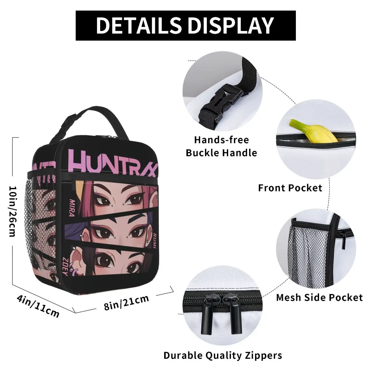 Huntrix-Bolsa de almuerzo para niñas, fiambrera Retro Kpop Demon Hunters, bolso de mano térmico con cremallera de viaje, bolsa refrigeradora Oxford