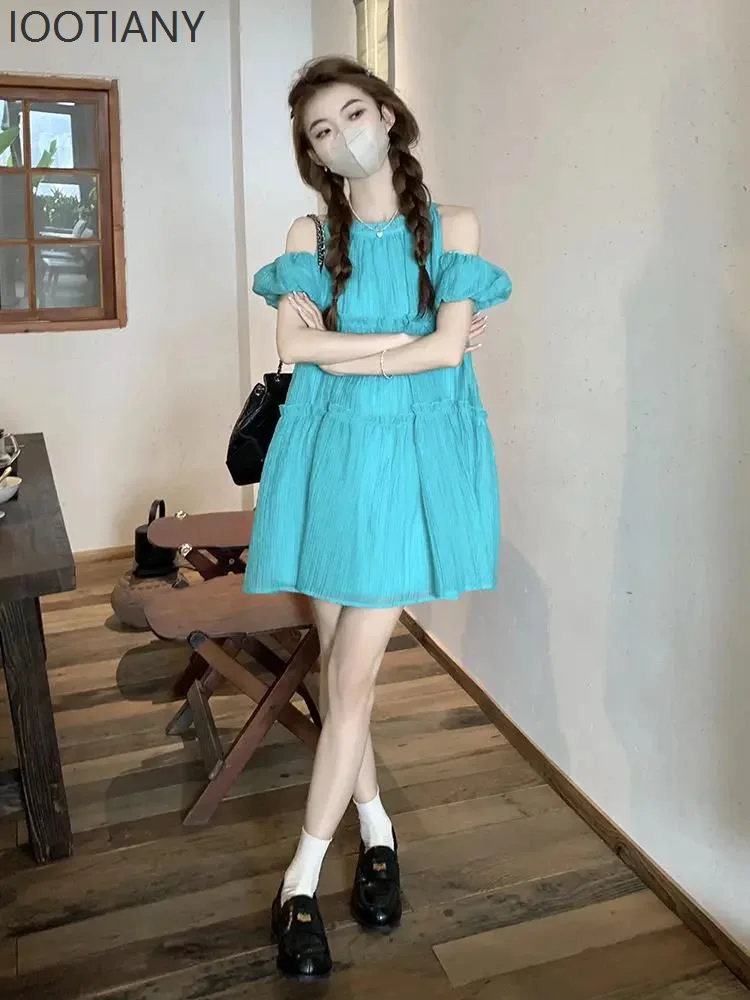 

Women's Short Dopamine Kawaii Dress Women's Sleeve Mini Fairy Stretch Korean Elegant Beautiful Beach Curve Luxury A-Line Dress