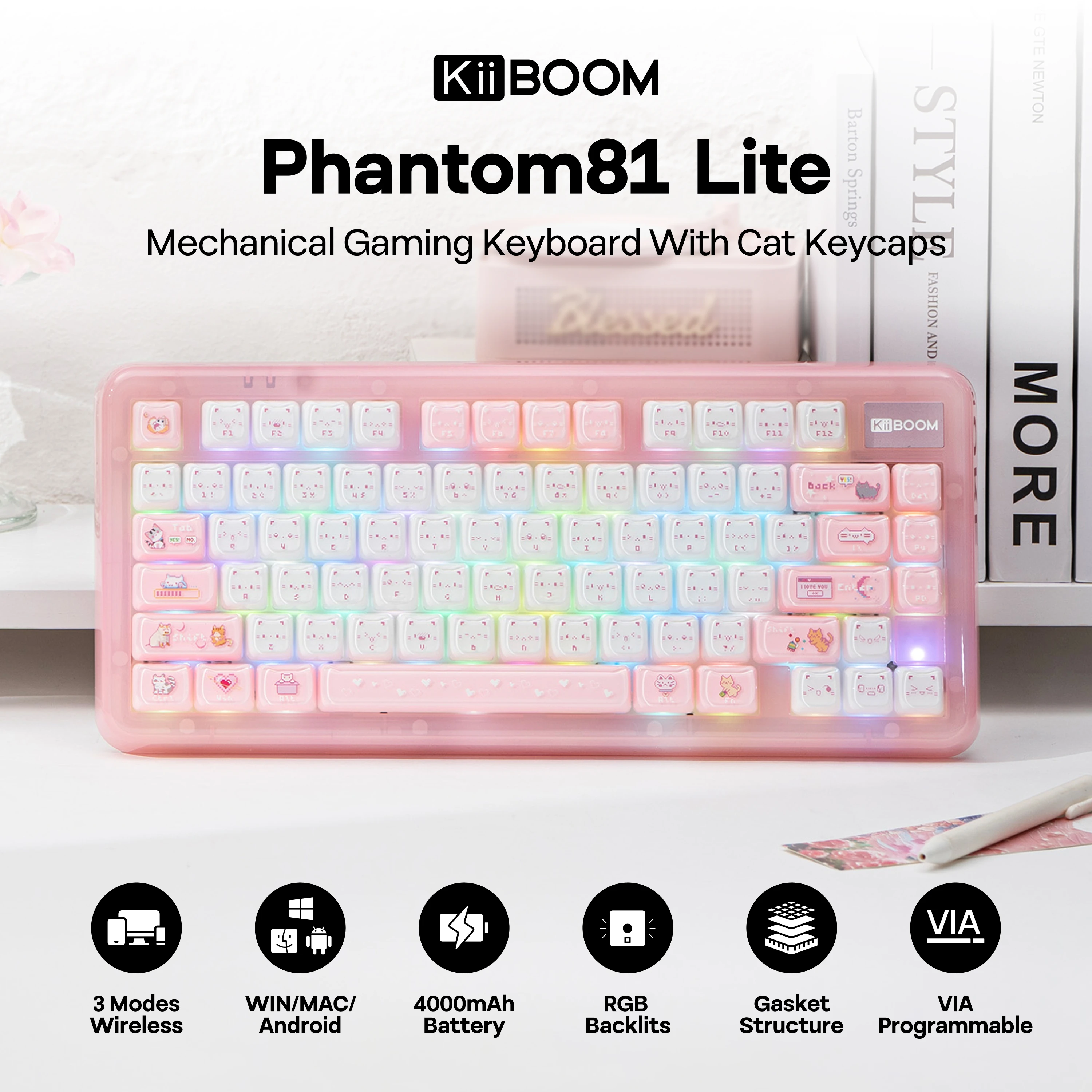 KiiBOOM Phantom81 Lite QMK/VIA 75% Hot-Swap Wired/BT/2.4GHz Wireless NKRO Mechanical Keyboard ABS Case+UV Tech 4000mAh Battery