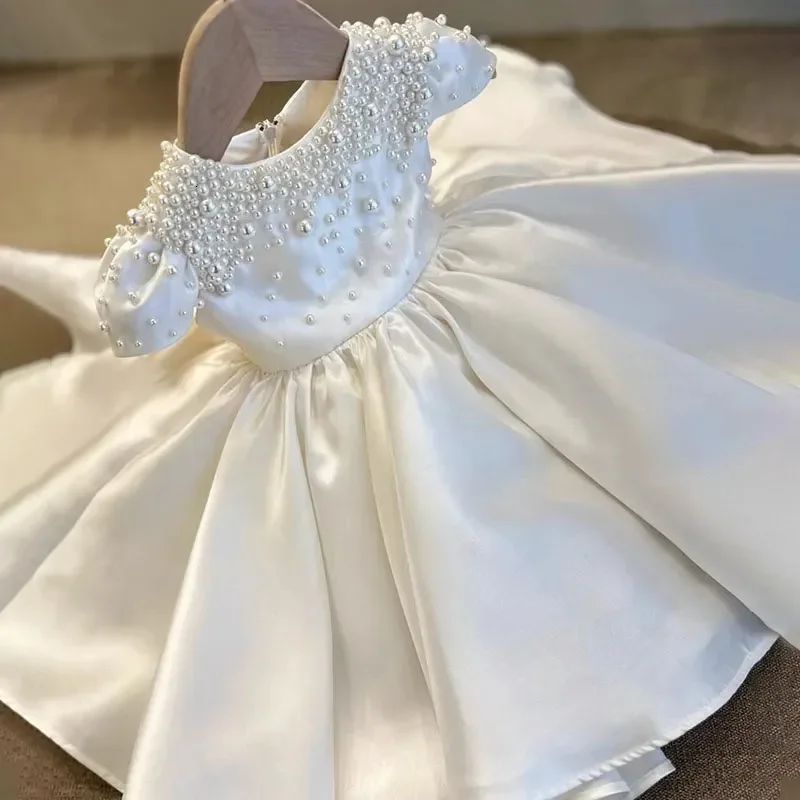 Vestidos blancos de flores para niña, vestidos de boda con lazo y cuentas, encantadores vestidos de primera comunión para banquete de cumpleaños personalizados