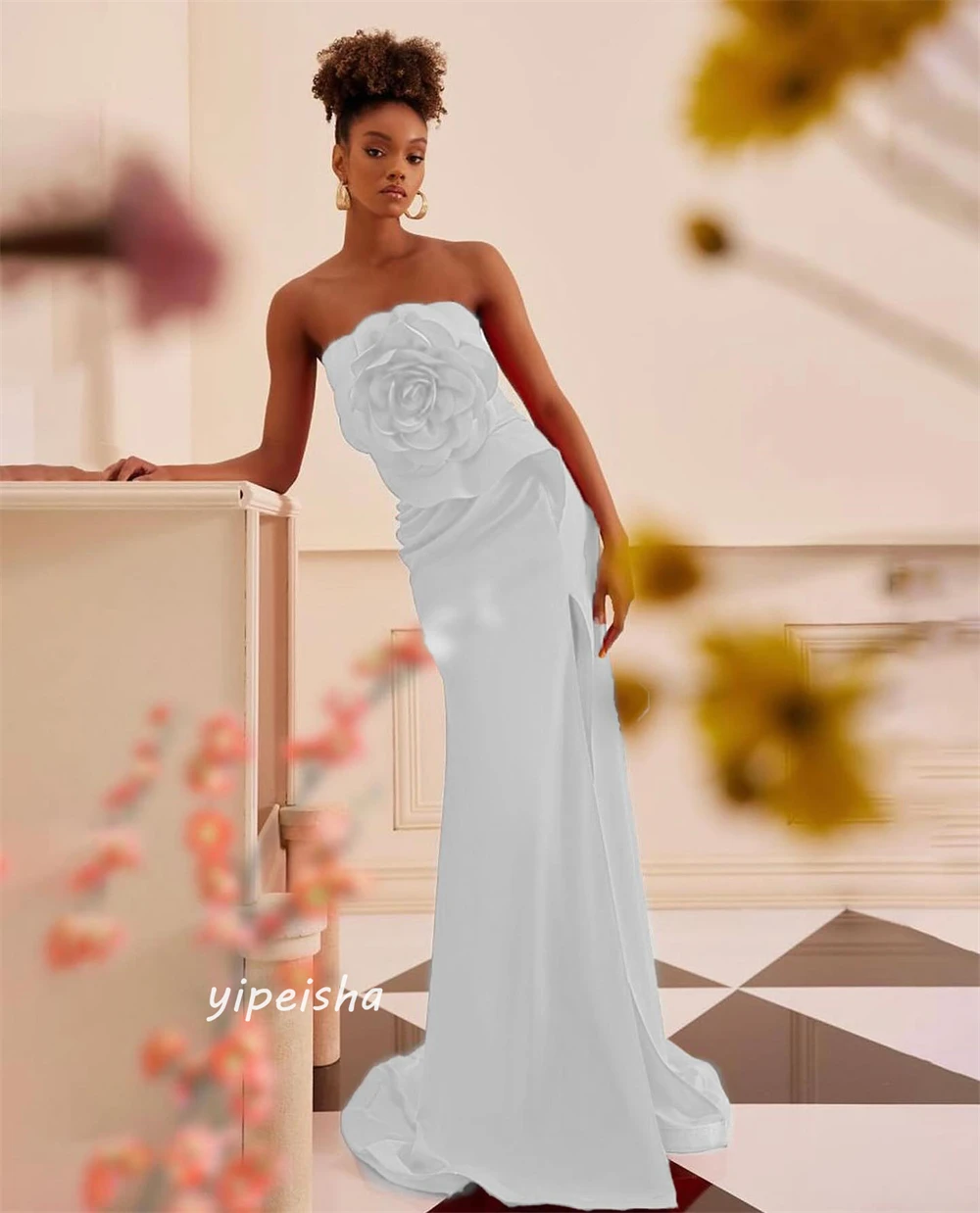 Satin Flower Evening Mermaid Strapless Bespoke Occasion  Floor Length Saudi Arabia