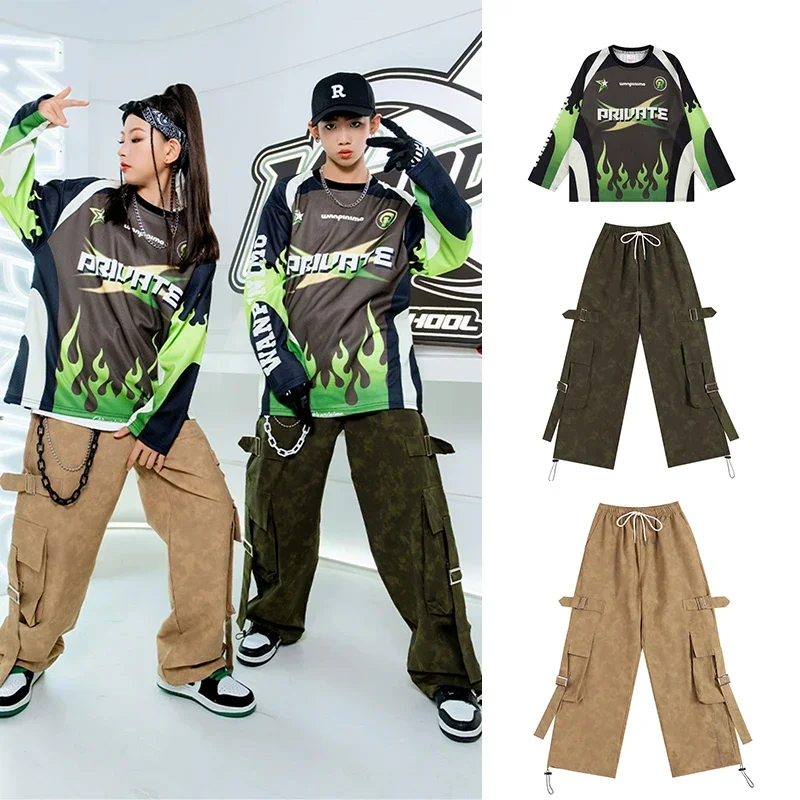 

Children's Hip Hop Dance Costume Girls K-Pop Jazz Stage Outfit Boy's Fashion Show Performance Clothes Green Tops Pants XH1179