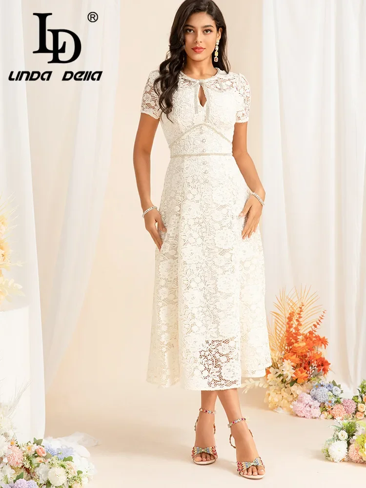 LD LINDA DELLA Relief Dress Socialite 2024 Summer New Bright Diamond Bow Chest Hollowed Slim Dress Woman Long Dress