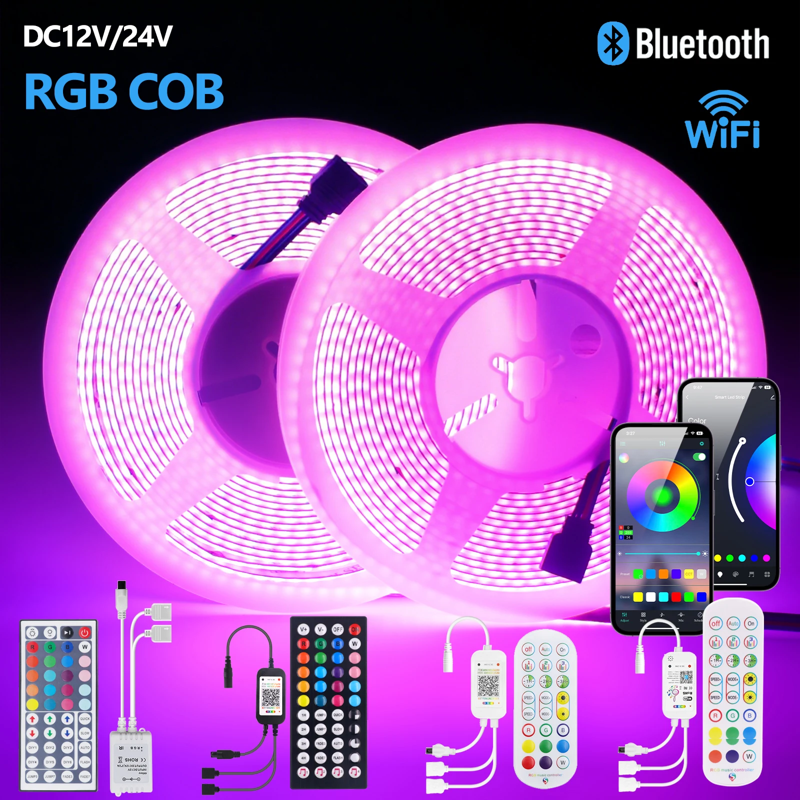 RGB COB LED Strip 12V 24V 576LEDs/m Tuya Wifi Bluetooth Remote Control Power Kit 5MM PCB Flexible Tape Light Bar for Room Decor