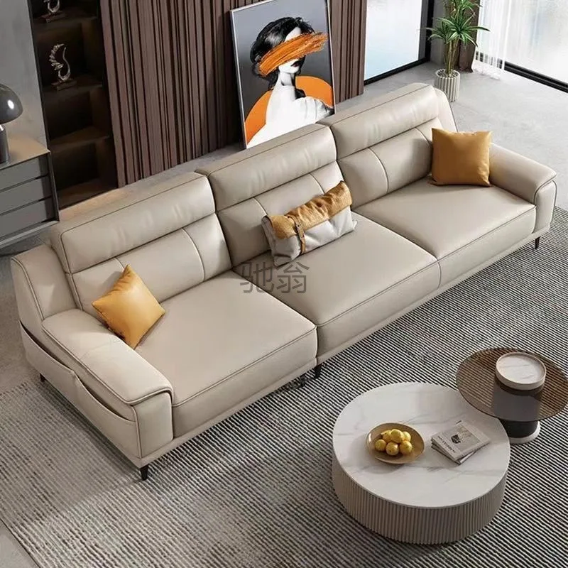 Italian minimalist leather sofa living room size apartment modern straight row cat scratching leather sofa top layer yellow