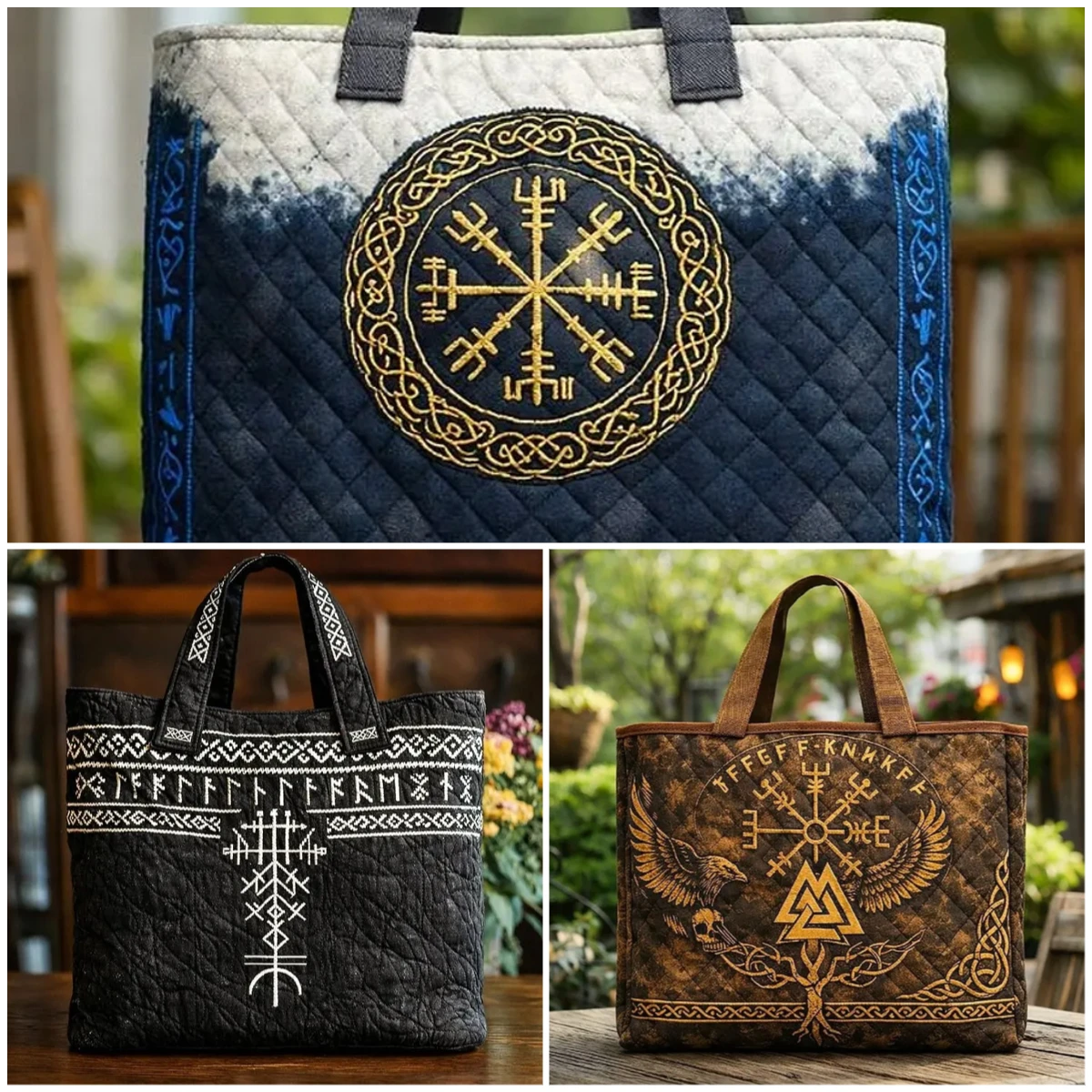 Norse Viking Print Quilted Tote Women Daily Shoulder Bag Vintage Handbag For Shopping