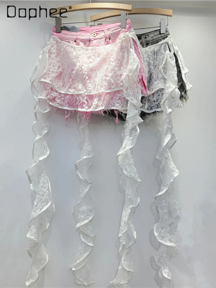 

Ruffle Leaf Edge Irregular Curtain Skirt Sweet A Line Skirt Lace Splicing Denim Shorts Street Hipster Denim Shorts Women
