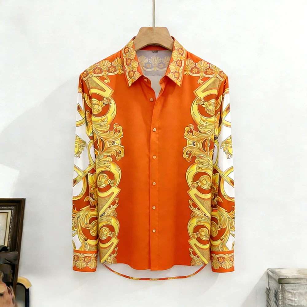 Men Luxury White Gold Brown Baroque Scroll Floral Medallion Panel Print Long Sleeve Shirt Turn Down Collar Party Tops