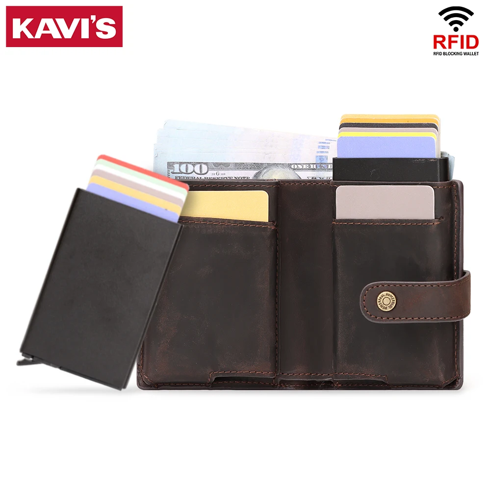 Full Grain Leather Rfid Credit Card Holder Mens Double Metal Business Smart Double Cardholder Wallet with Zip Coin Pocket