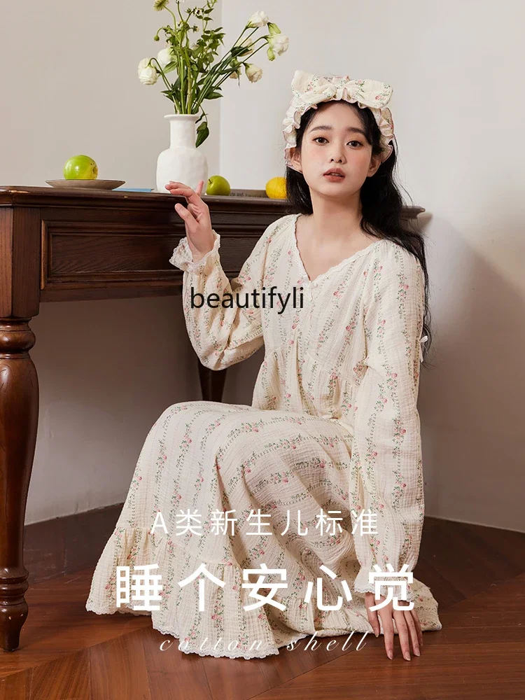 

French Princess Style Pure Cotton Nightdress Women's Long Sleeve Vintage Floral Pajamas Cotton Yarn Dress