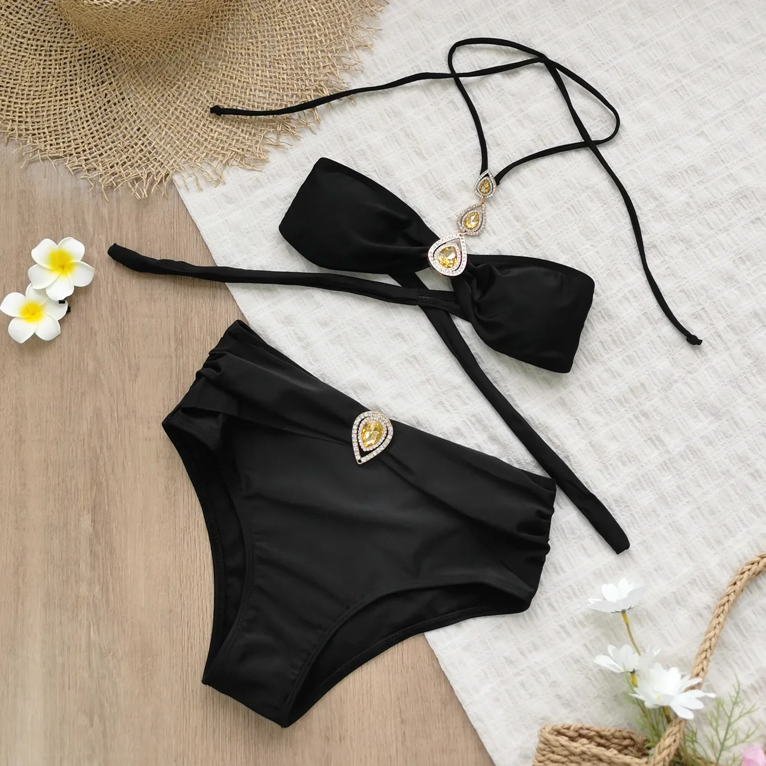 

Luxury Rhinestone Bikini 2025 Women Sexy Black Diamond Push Up Bandage Cross High Waist Swimsuit Beach Bathing Suits Swimwear