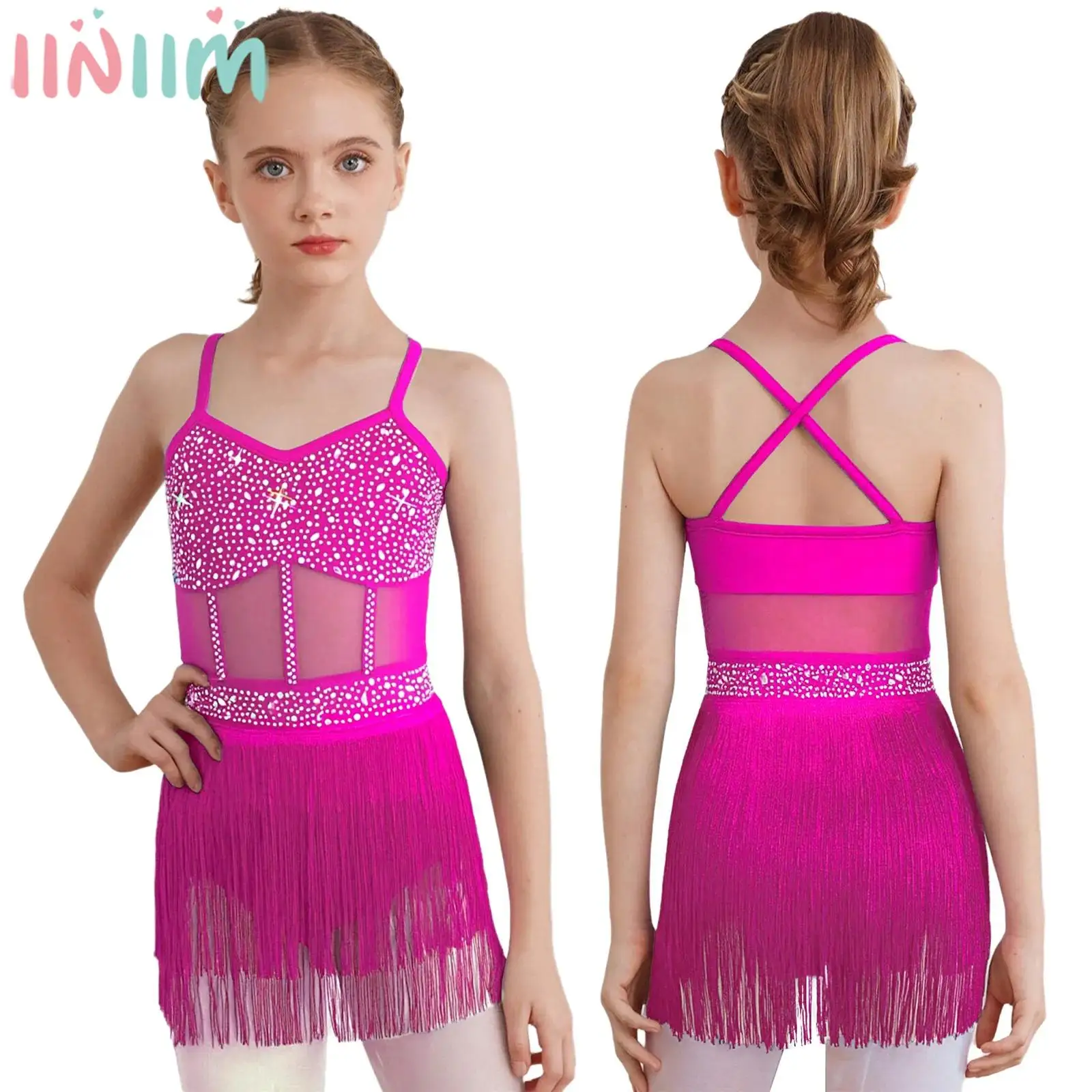 Kids Girls Latin Tango Dance Leotard Shiny Rhinestone Sheer Mesh Tassel Bodysuit Dress Cha-cha Samba Rumba Ballroom Costume