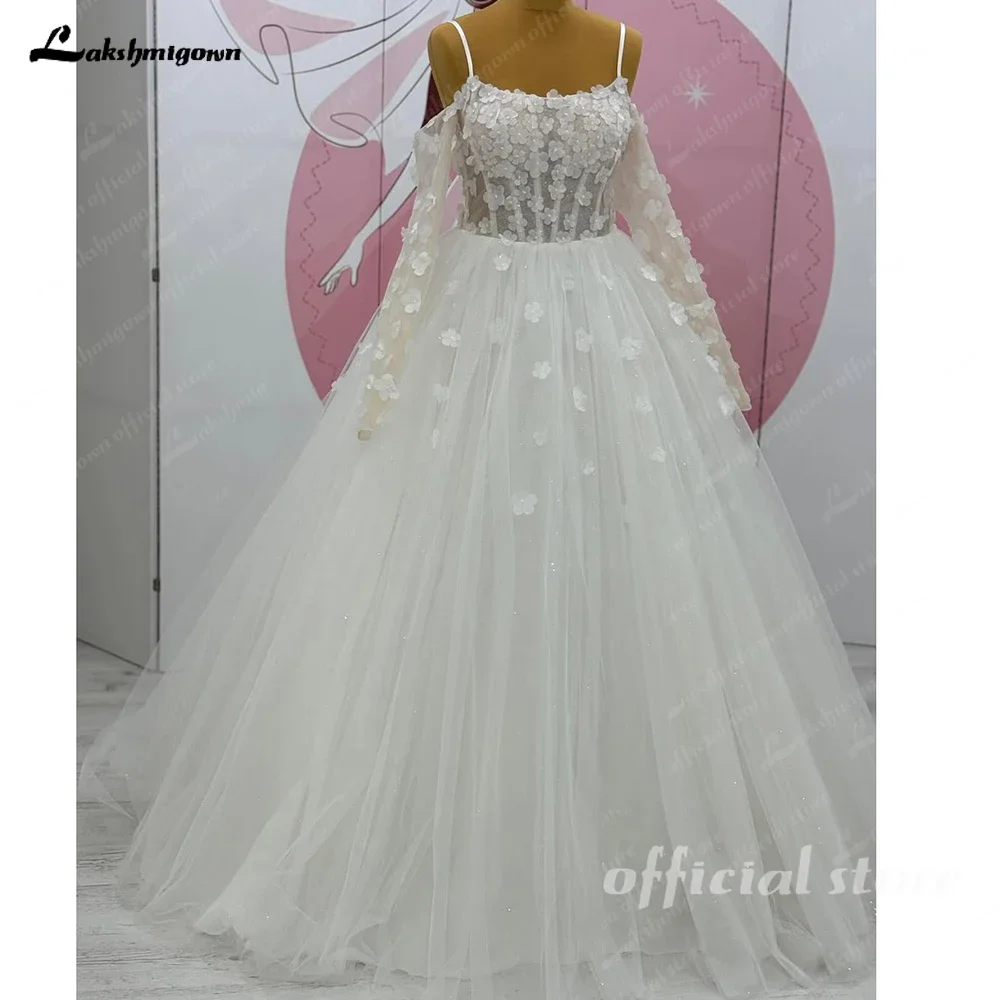 

Lakshmigown 3D Flowers Strapless Wedding Dresses Sparkly Glitter Woman's Appliques Long Sleeve Bride Gowns Off White Customized