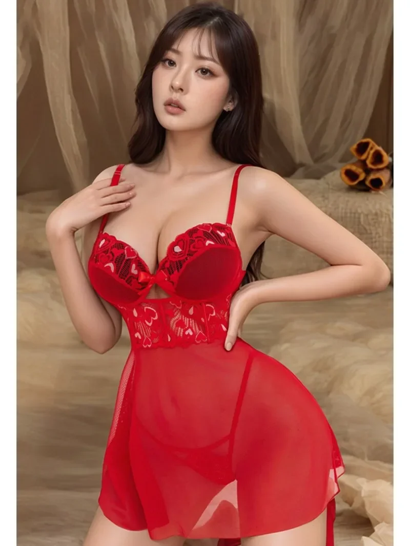 

Sexy Dress Women Lace Small Chest Gathering Perspective Outfit Suspender Mesh Seductive Hollow Out No Take Off Dress Sweet 1PA8