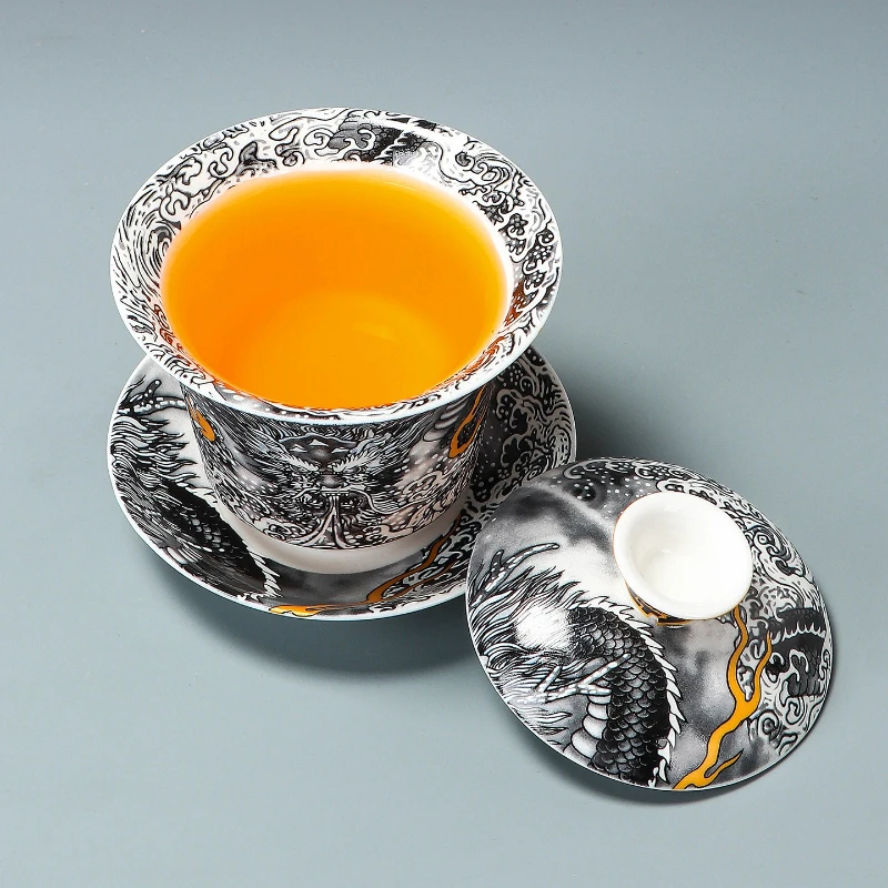 Ru Kiln Blue and White Hovering Gaiwan with Interlocking Lotus, Tea Brewer for Home and Office Use