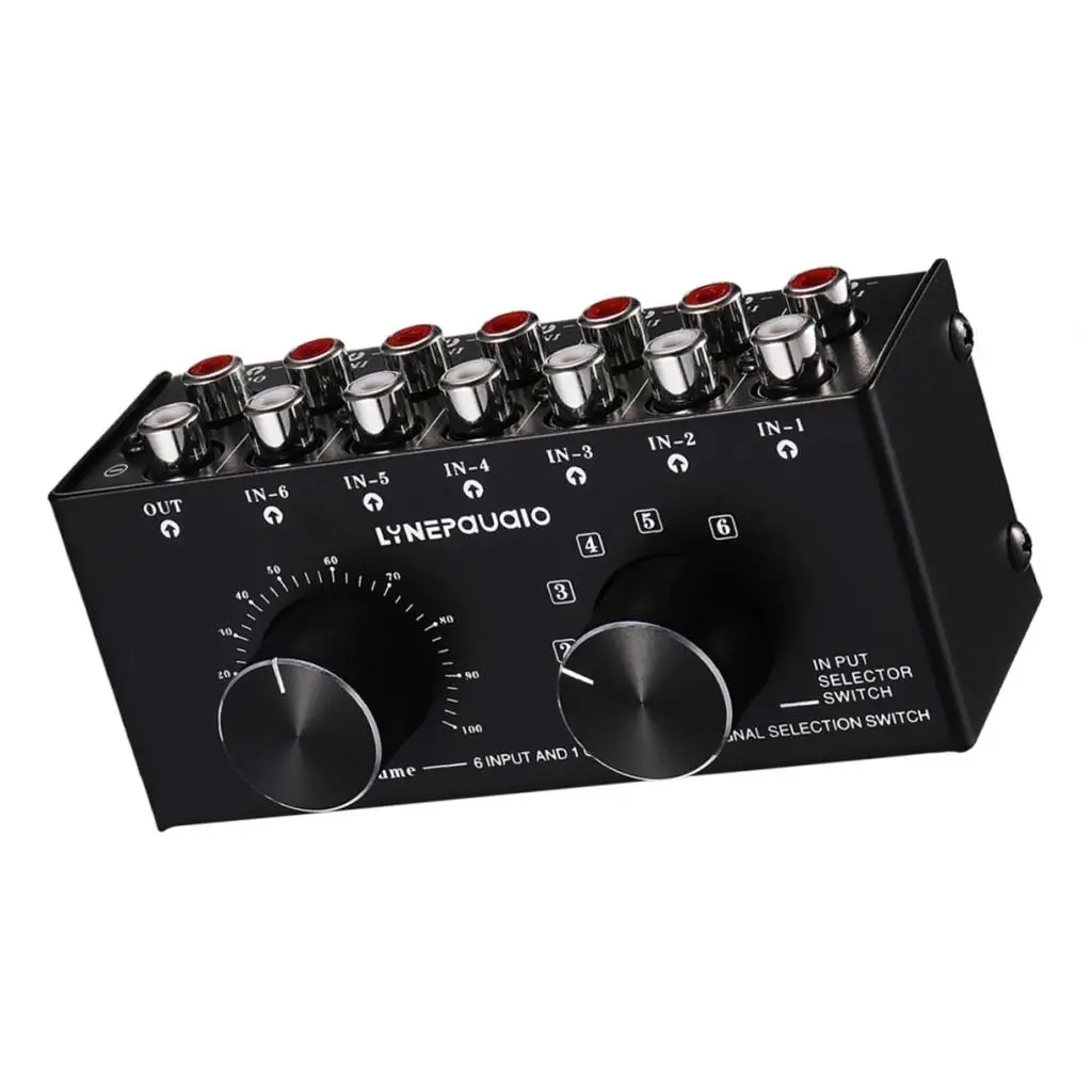 Black Metal Audio Signal Source Switcher 6 Input 1 Output Splitter with Volume Control for Speaker System