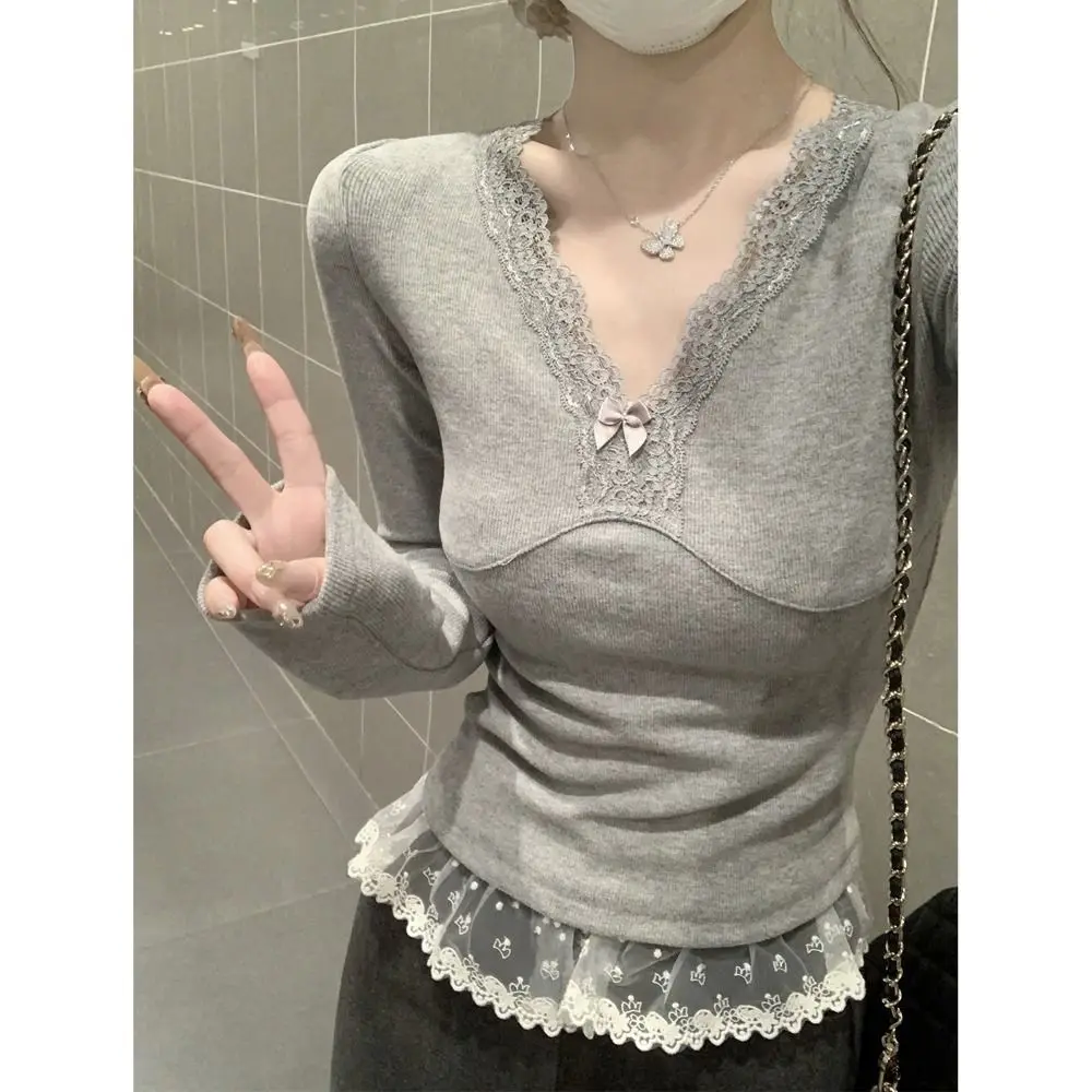 

Korean Pure Desire Style Lace Trim V-Neck Long Sleeve T-Shirt Spring New Style Slimming Versatile Top for Women