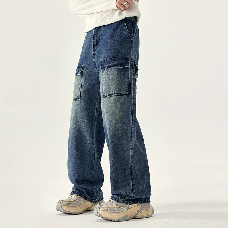 

2026 New Retro Blue Straight Wide Leg Jeans Men Baggy Loose Fit Denim Pants Casual Multi-Pockets Cargo Pants For Men