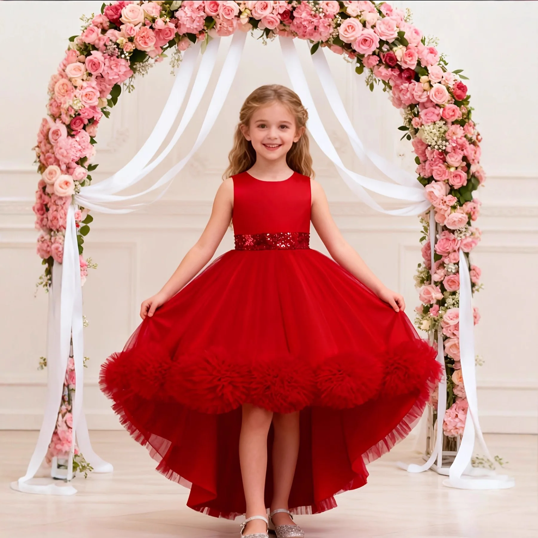Children's dress no sleeve trailing lace gauze Dance Dress 2-10 year old girl's birthday party evening dress Princess Dress