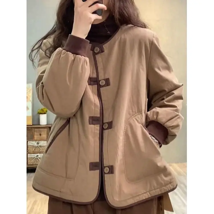 Lightweight Cotton Jacket Women\'s Short Casual Contrasting Color Plate Buckle Thick Cotton Jacket Warm Cotton Jacket Top