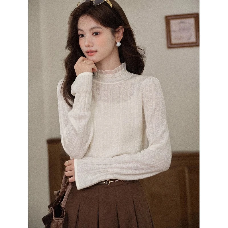 

ALXNAN пуловеры с воротником-стойкой, осенние кружевные лоскутные топы с рюшами на воротнике и расклешенными рукавами, трикотажные многослойные женские топы с длинными рукавами L57905