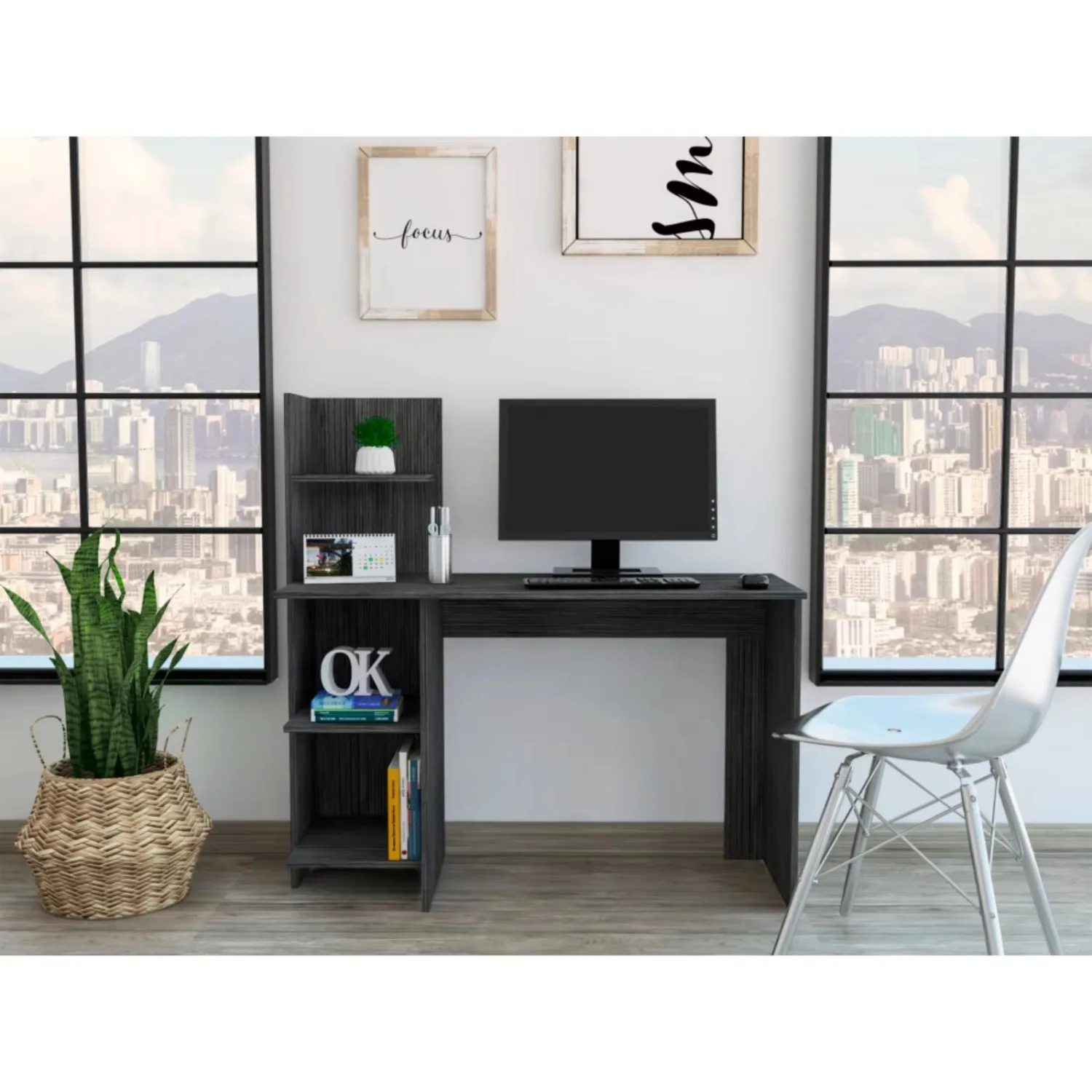 Writing Desk with Four Shelves - Stylish Smokey Oak Design, Perfect for Home Office & Study