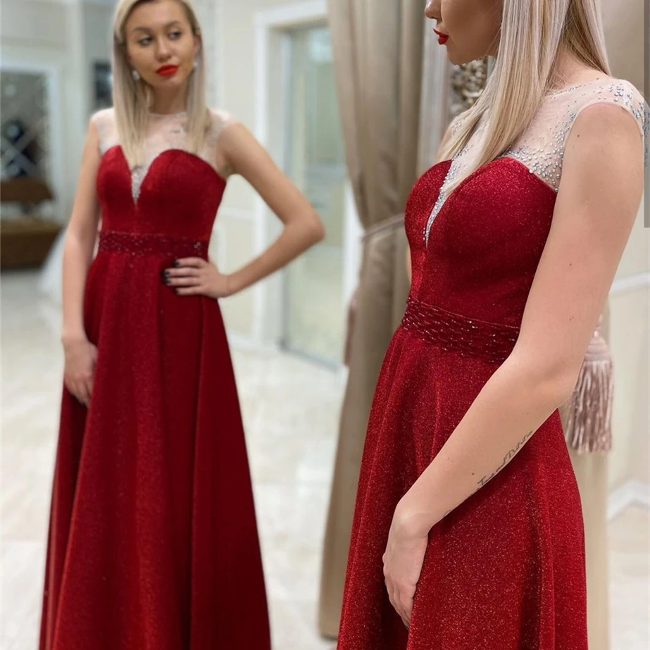 Abiti da sera bordeaux A-Line O-Collo Manica ad aletta Pizzo Perline con paillettes Lunghezza pavimento Abito da ballo formale per feste Custom Made 2022