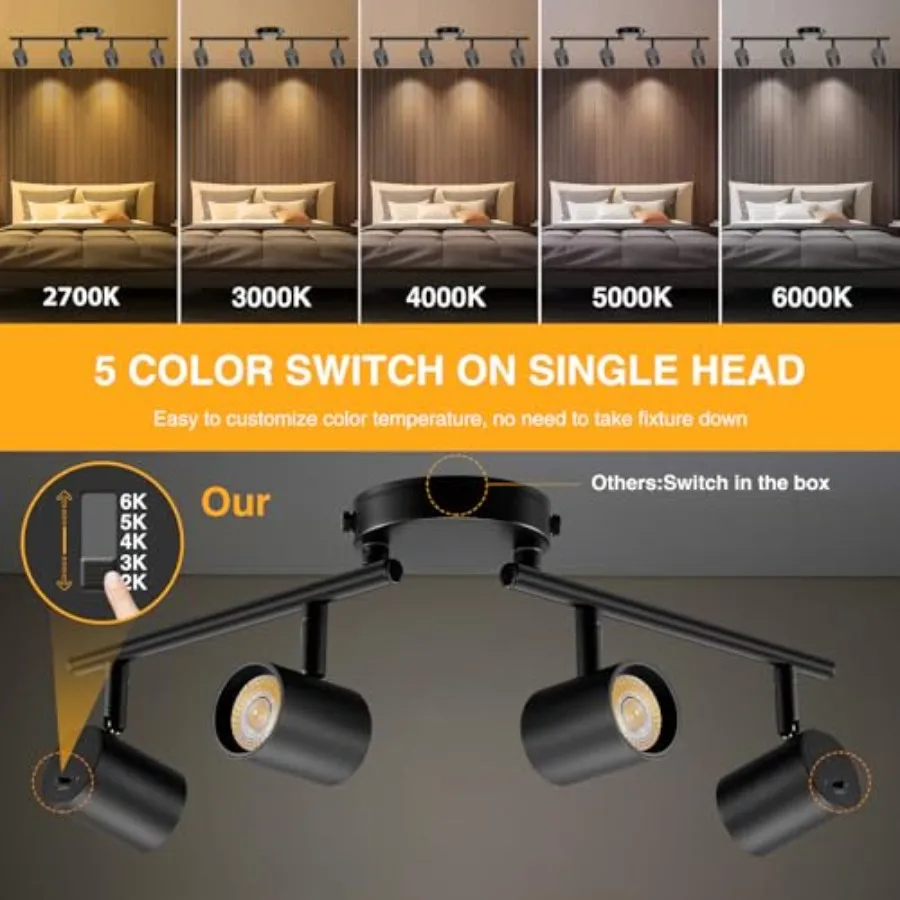 5-Color 4 Light LED Track Lighting Fixtures Ceiling for Kitchen Dimmable Track Lighting Kit Ceiling Spotlight Flush Mount Adjus