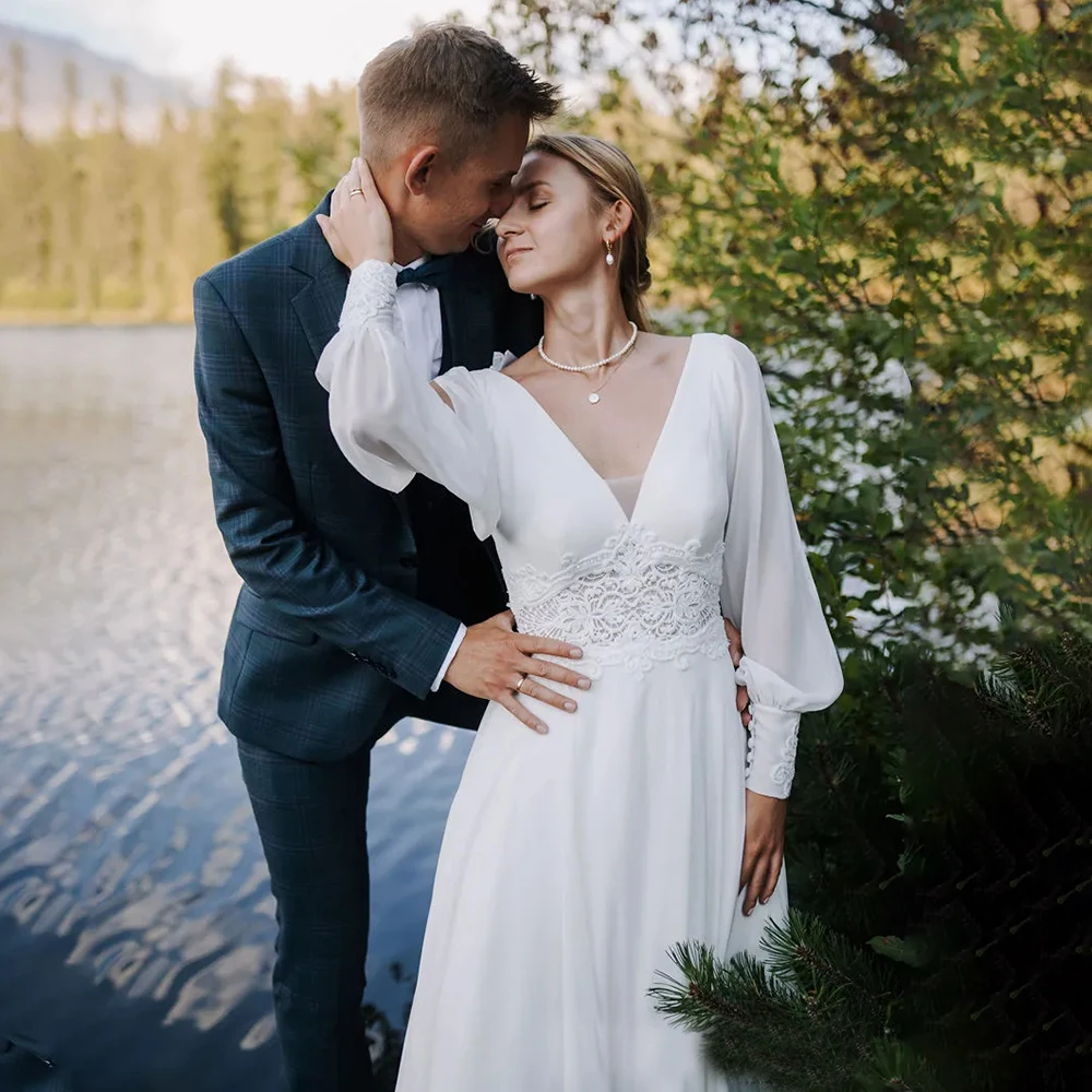 Long Split Sleeves Lace Waistband Maxi Beach Wedding Gown Flowy Chiffon Customized Personal Plus Size V Neckline Bridal Dress