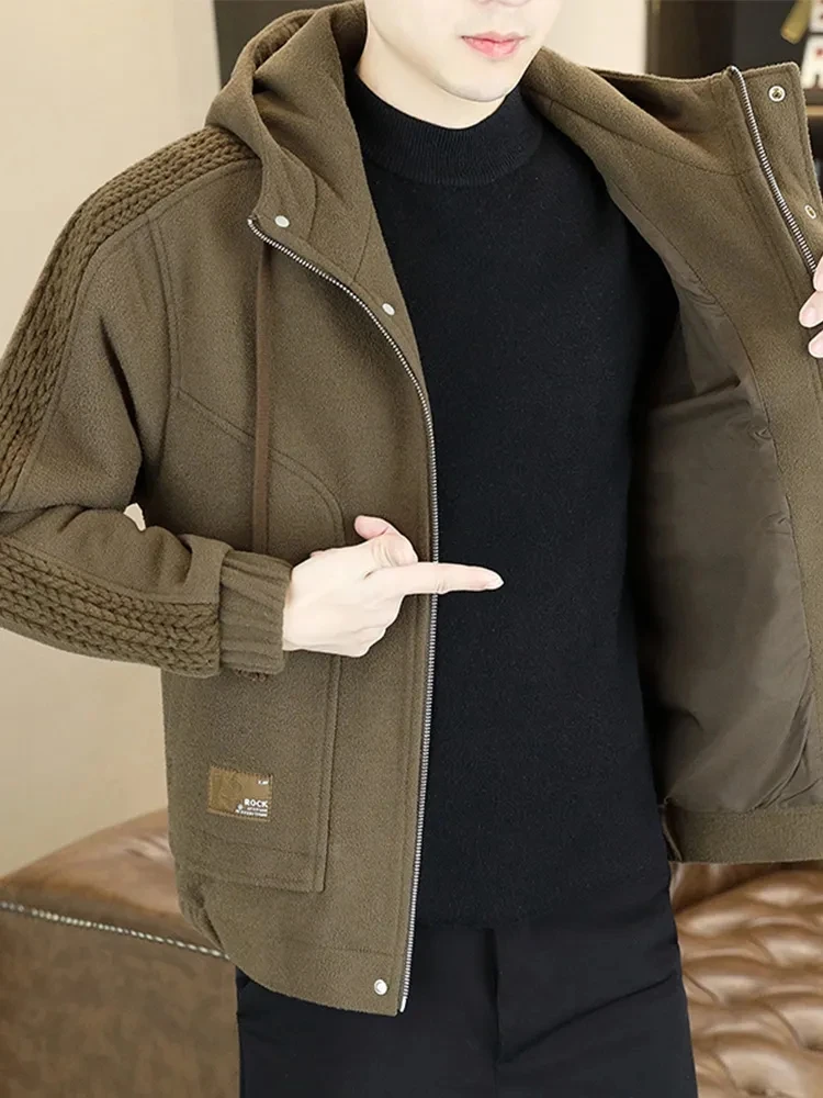 

High-End Hooded Casual Coat Men's 2024 New Workwear Faion Woolen Coat Trendy Youth Simple Jaet Busin Casual Stand Fit