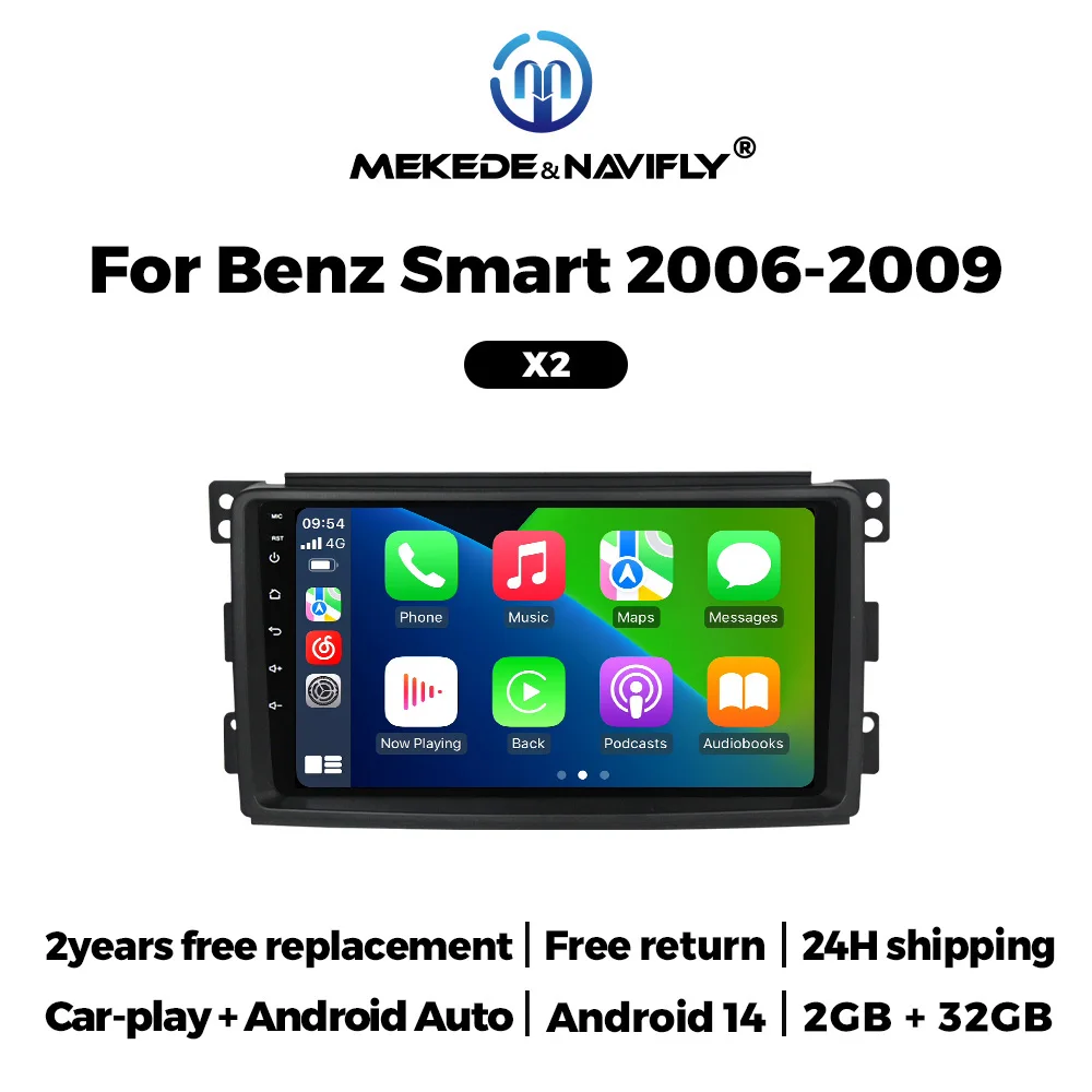 Android14 Radio 2Din Stereo for Mercedes Benz B200 Smart Fortwo 451 2006-2009 CarPlay Auto Audio Multimedia Player GPS Autoradio