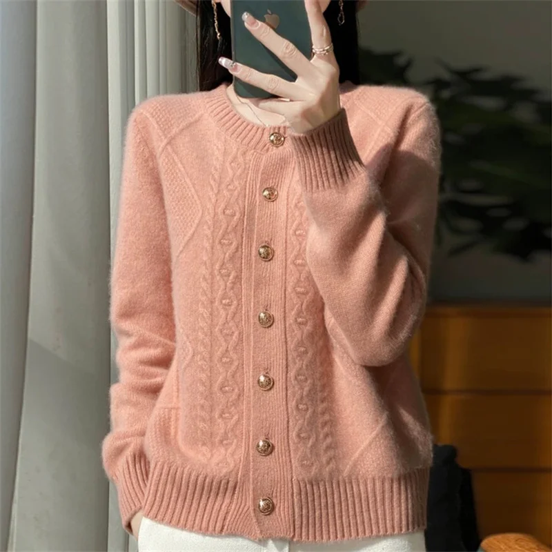 Spring Autumn Women Cardigan Round Neck Knitwear Solid Color New Fashion High-grade Long Sleeves Knitwear Sweater Female Top