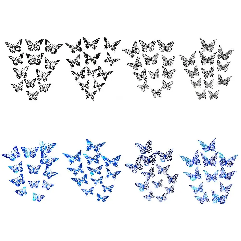 12pcs DIY Blue Black Wall Art Decor Wall Sticker Home Decoration 3D Hollow Butterfly Sticker