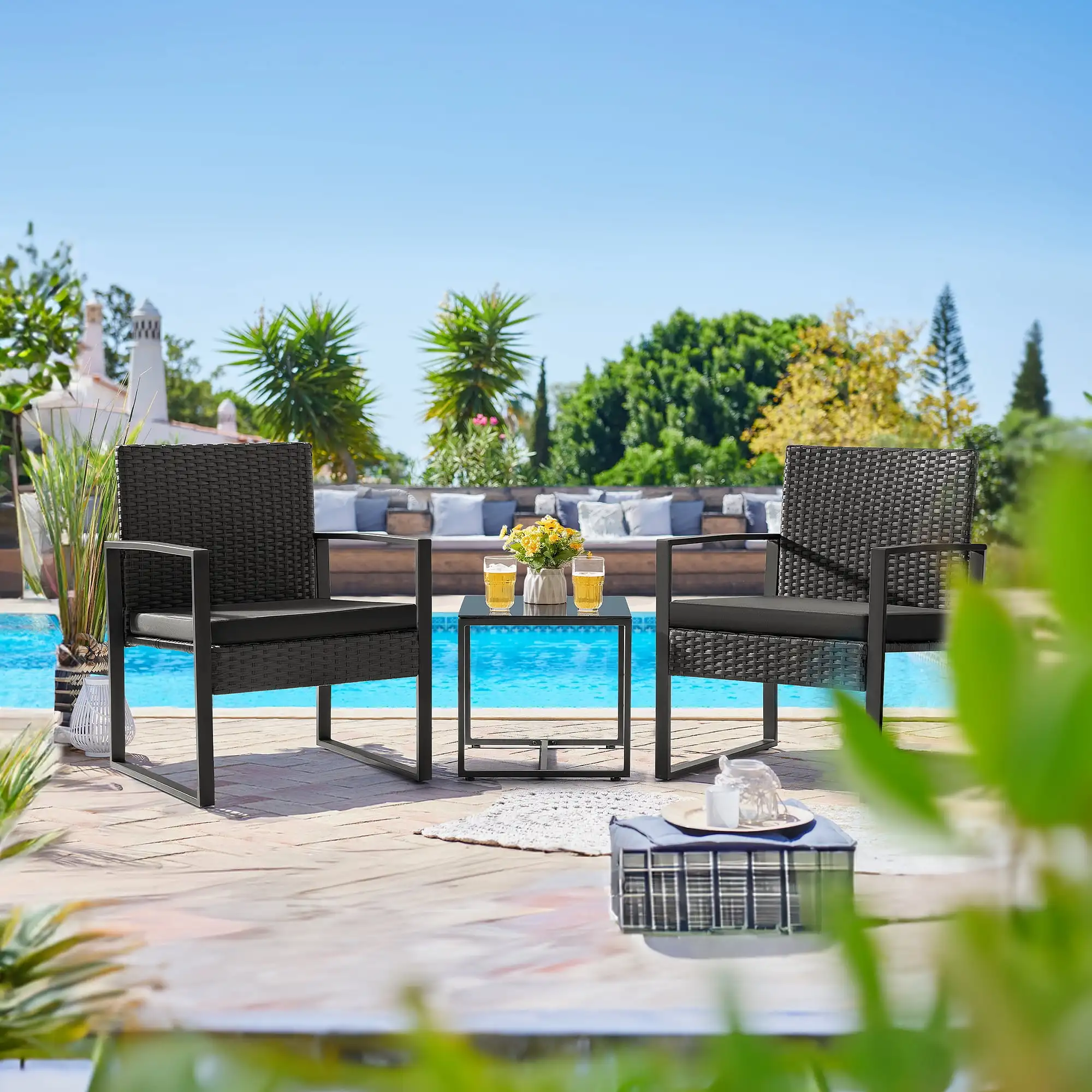 

3 Pieces Outdoor Bistro Chair Set PE Rattan Patio Conversation Set of 2 with Cushion and Coffee Table, Black