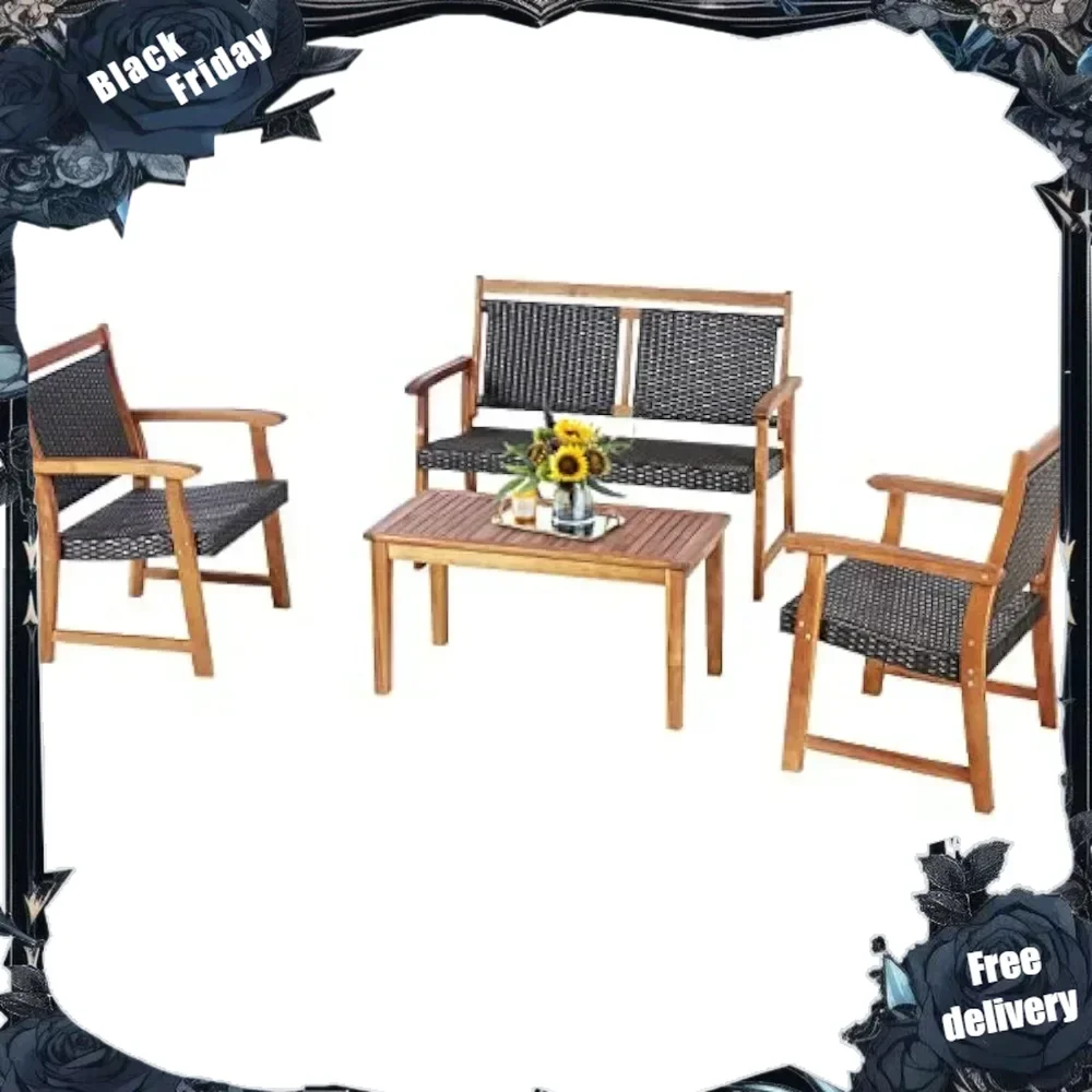 

Patio Rattan Conversation Set with Acacia Wood Frame, Patiojoy Outdoor Furniture Set with Chairs & Coffee Table