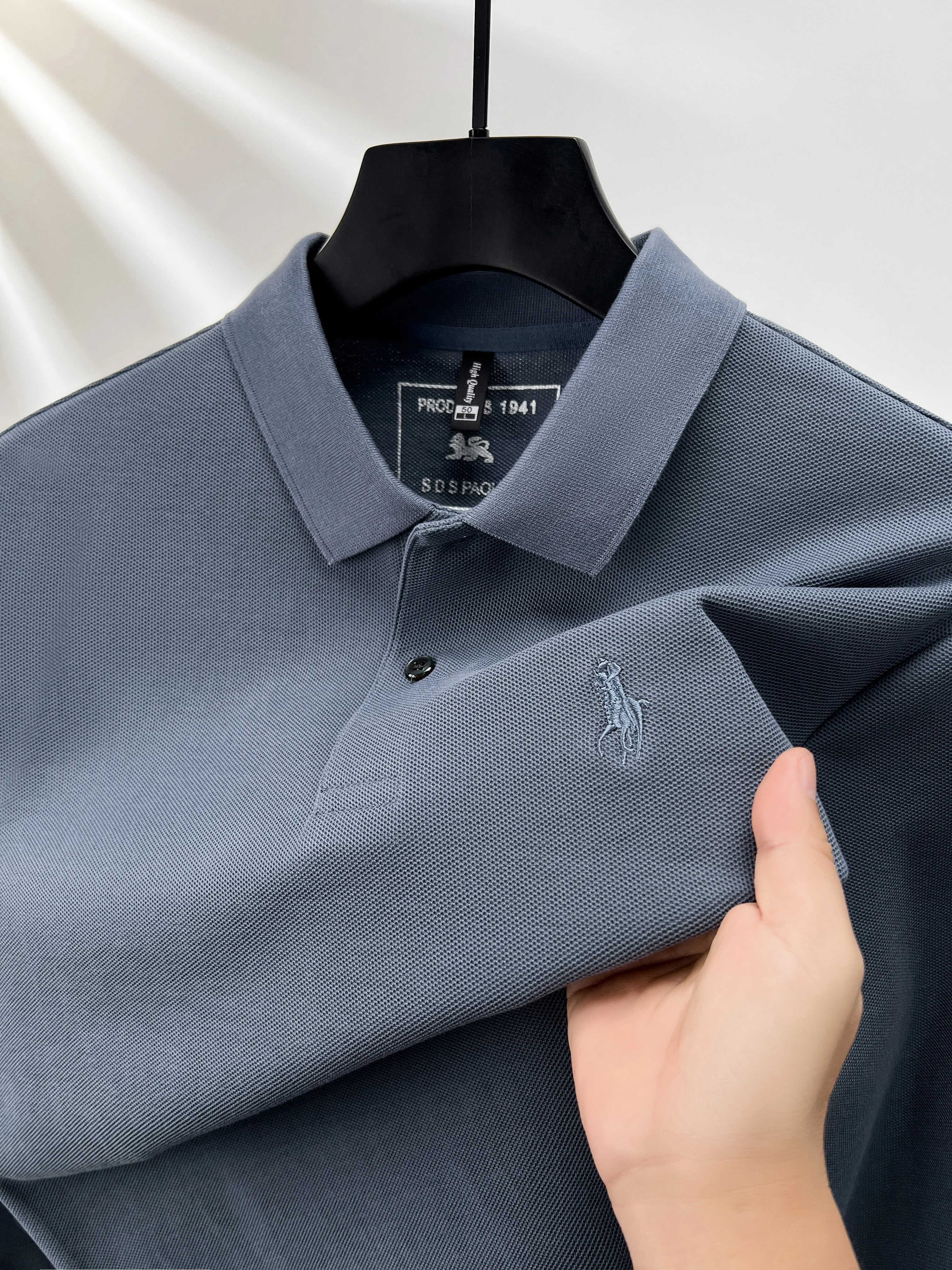 

100% pure cotton long sleeved men's polo shirt autumn new item custom pony embroidery Korean version golf soft casual T-shirt