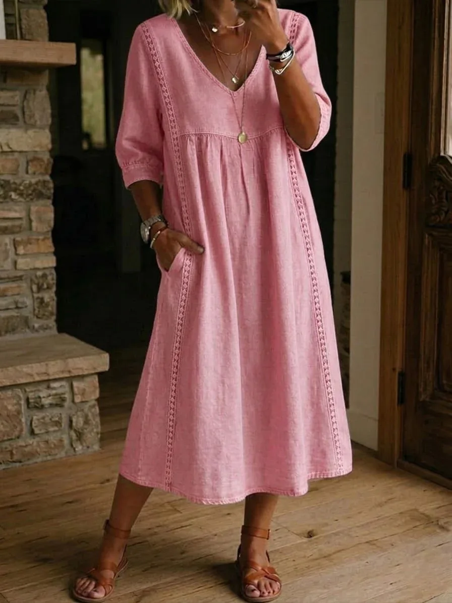 2026 Damen Lässiges Midi-Kleid, Einfarbiges V-Ausschnitt-Kleid mit Spitzenbesatz, Halblange Ärmel Alltagskleid – Detail 5