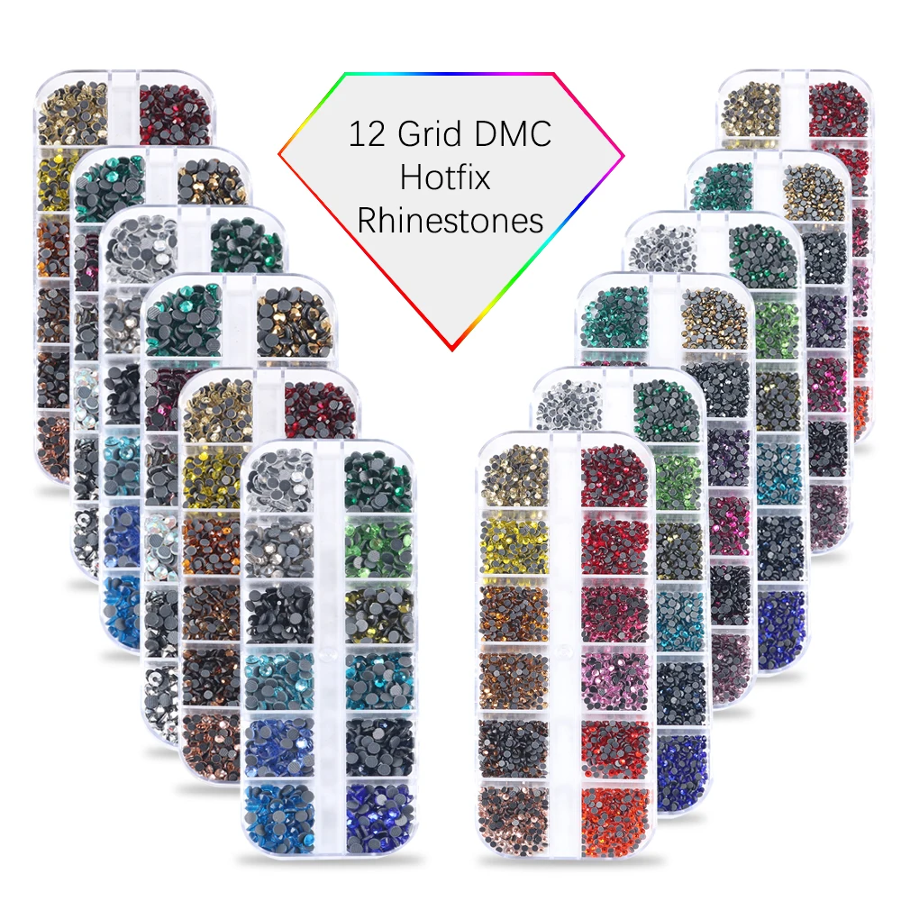 New Box Set 45 Colors DMC Hot fix rhinestones Mix 6 Sizes Glass Crystal Iron on Rhinestone for Garment Clothing accessories