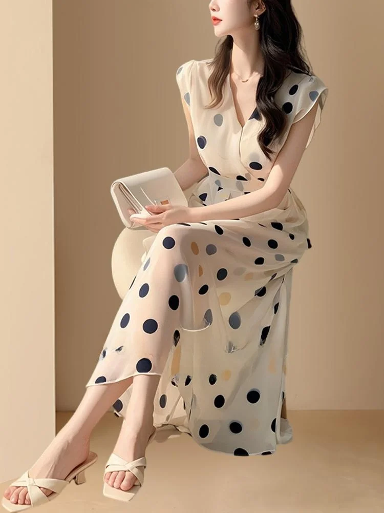 High-End Faion Summer 2025 New V-Ne Chiffon Women's Dr Formal Ocn Polka Dot High Waist Ele Wedding Gown