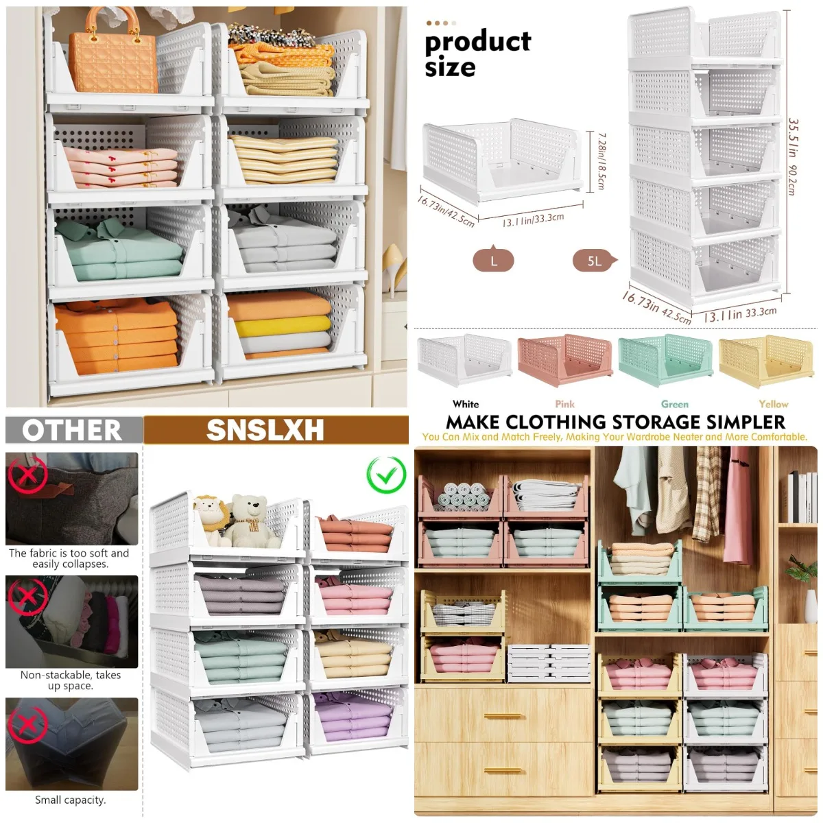 

Комплект из 5 штабелируемых корзин для хранения, складной органайзер для шкафа для ванной комнаты, кухни, прачечной, белый