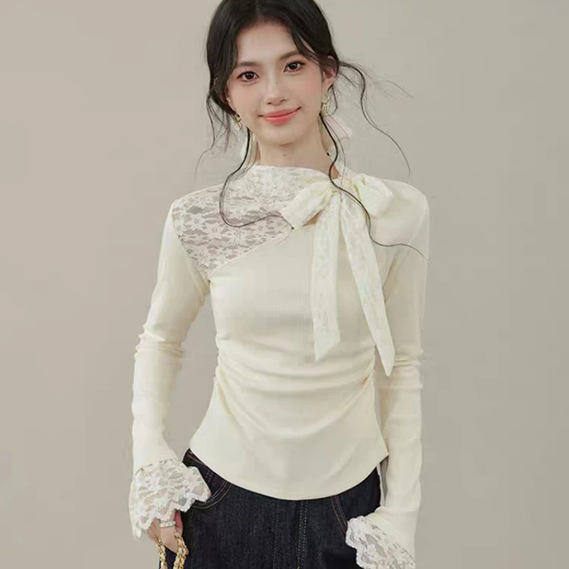 

Кружевная вязаная крючком женская футболка с длинными рукавами, осень/зима 2026, новая мода, элегантный однотонный топ с бантом и бантом